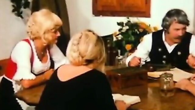 Farm old man pleases younger blondie on his dining table