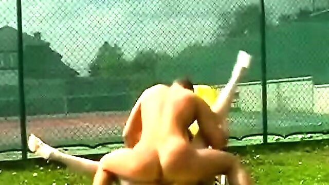 Tennis MILF fucks horny guys up the ass with her strap on