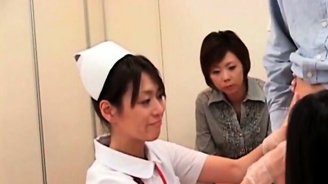 Hot asian nurses rubbing shaft for sperm sample