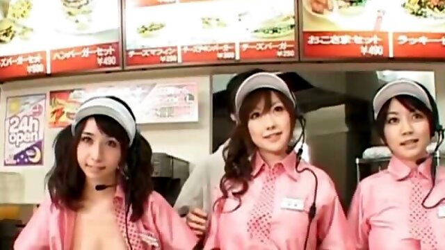 Asian busty teen trio flashing tits at the fast food