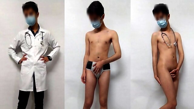 Iranian boy undressing and comparing clothed and nude body (in a doctor's uniform)