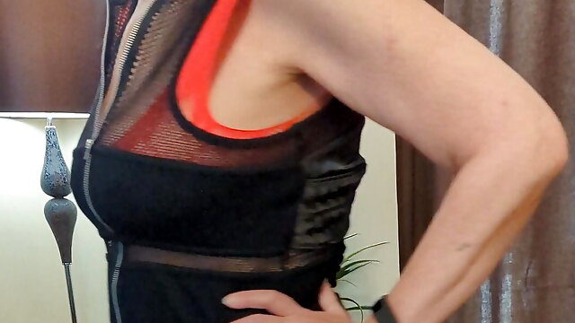 Red fishnet body suit on my middle aged body.