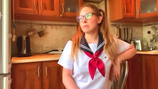 In Japanese School Uniform Girl Masturbates And Cums In The Kitchen