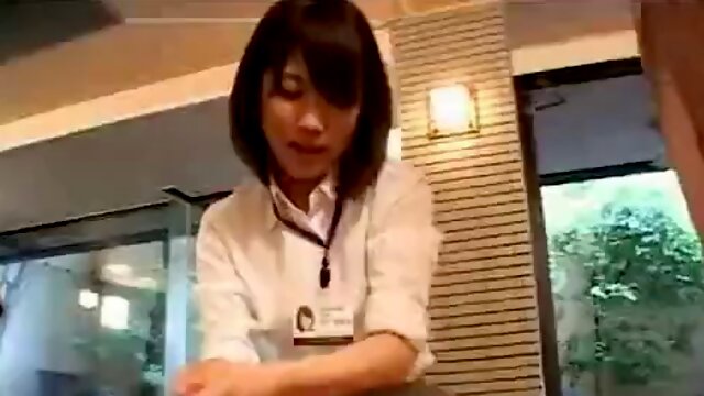 Shy Japanese employee gives handjob in hot spring