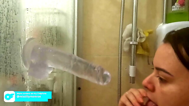 BBW choking and deepthroats dildo in the shower - Huge ass PAWG sucks and gags on plastic penis