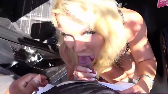 Sloppy minded, German blondie in an beast printed top is getting pounded stiff, in the camper