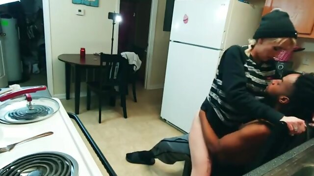 Crazy duo is having multiracial hookup in the kitchen and attempting not to yell too noisy