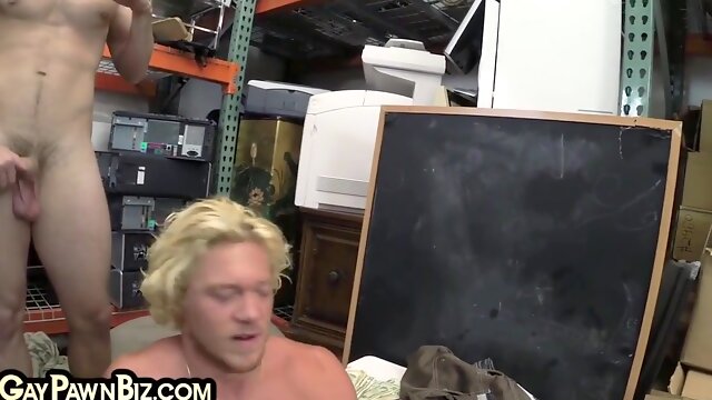 Ash-Blonde queer pawn threesome analed in office of the shop