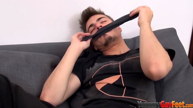 Fetish stud licking cum off of his feet