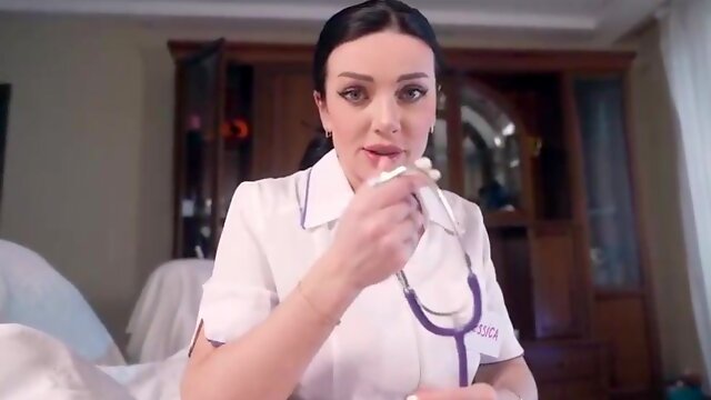 Whorey dark-haired nurse with uber-cute globes is deep throating her patients dinky before getting pounded rock hard