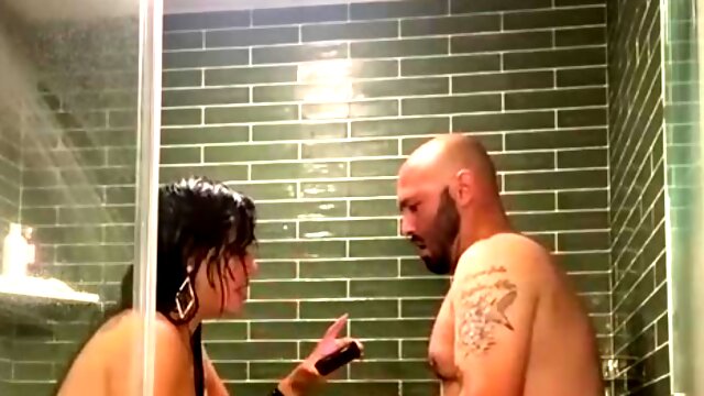 Sensual brown-haired with humungous mammories is getting pummeled from the back, during a 3some in the douche