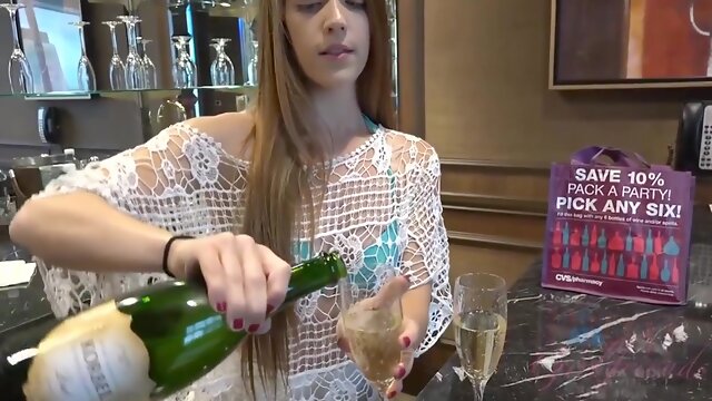 A Glass Of Champagne Before Offering Her Pussy