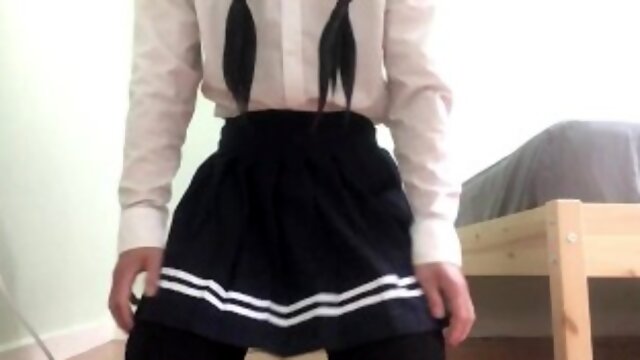 Crossdresser school uniform cumshot