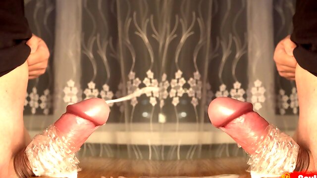 Two stepbrothers cum on each other putting their cocks in a hole on the table -  double video