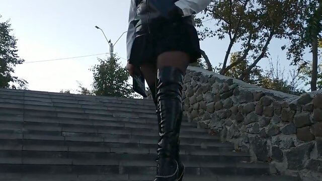 Mistress Natalie In High-heeled Black Patent-leather Boots Outside In The Park