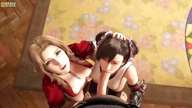 Tifa X Aerith Threesome Blowjob