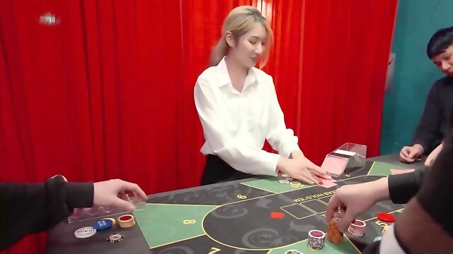 Kinky card dealer gets fucked behind the red curtain