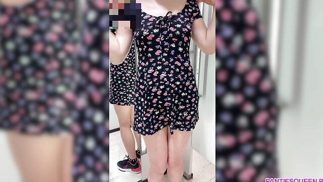 Cutie tries on clothes in public changing room with butt plug in ass 