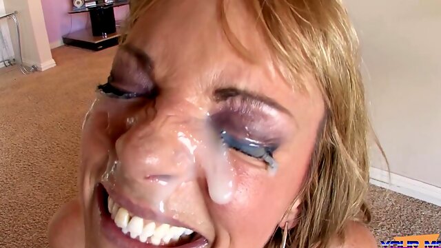 Messy facial ending for horny blonde cougar Shayla Laveaux. HD