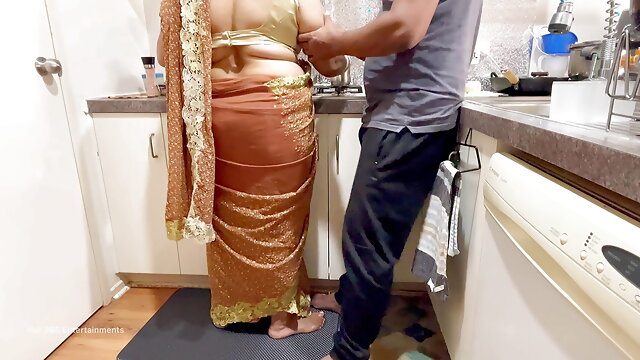 Indian Couple Romance in the Kitchen - Saree Sex - Saree lifted up, Ass Spanked Boobs Press