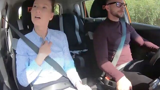 Busty MILF fucked outdoors in car by student driving