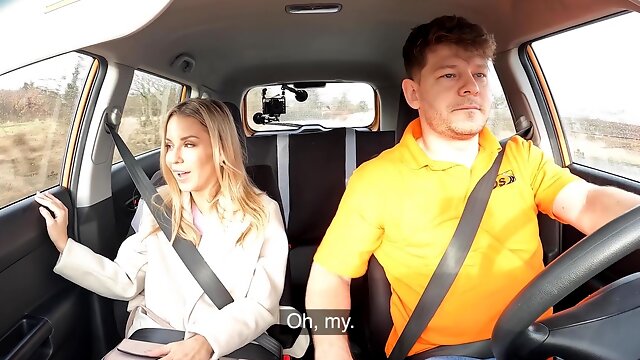 Blonde Lucky Bee wearing stockings gets fucked in the car