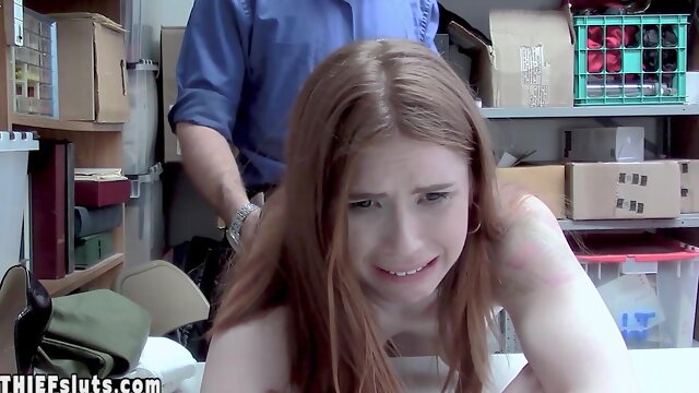 Scared red teen thief Pepper Hart fucked by a big dick