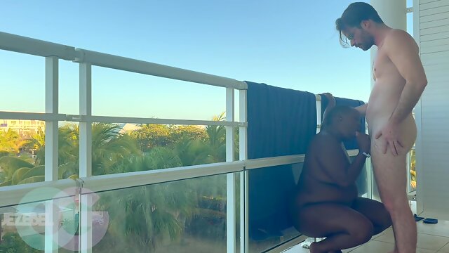 Public Play On A Beautiful Resort Balcony Leads Inside For Mutual Orgasm Suck And Fuck