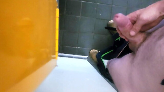 Public restroom wank soft to hard then cum.