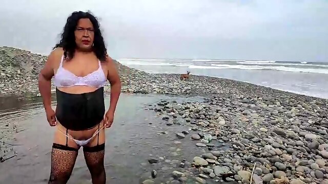 Exhibitionism In The Countryside And The Beach Of This Fat Transsexual In Lingerie 15 Min