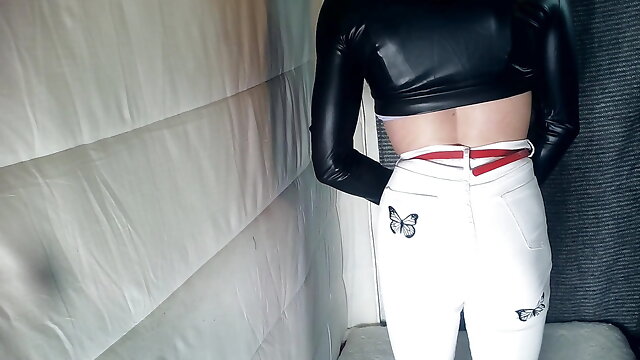 CD in white jeans and leather jacket tease crossdresser