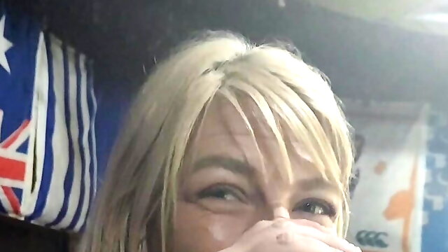 Cute blonde fingering her pussy in bar public bathroom