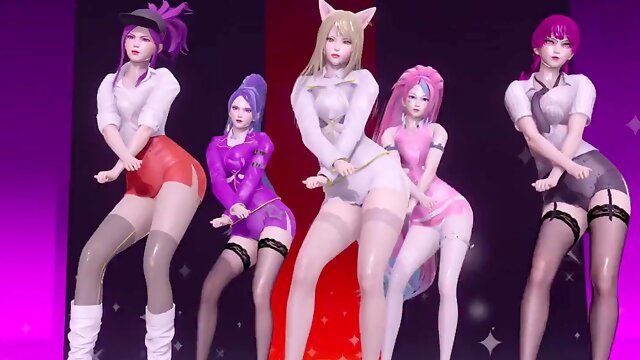 Hot 3D K/DA  Beauties Dance Strip Tease Vigorously Shaking Their Huge Bobs And Hips