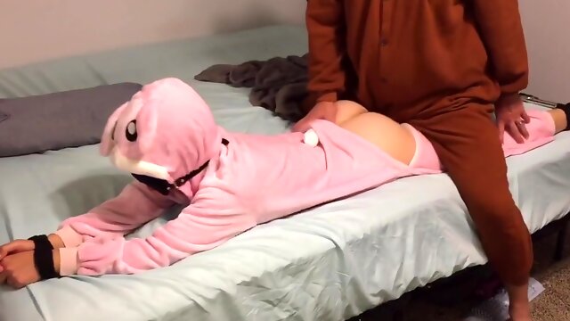 Bunny Onesie Tied Up And Fucked In Bed