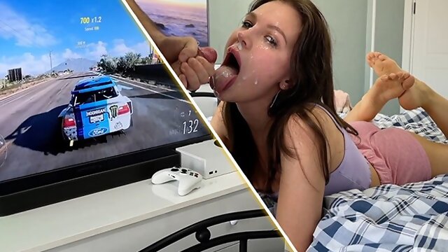 She was just playing xbox and suddenly got a deep slobbery throat fuck