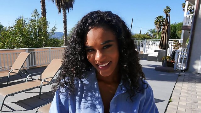 Curly-haired ebony sucks and rides white prick in POV