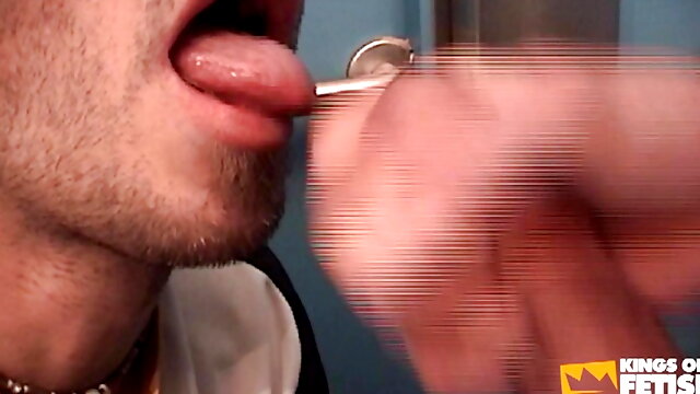 Guy sitting on the toilet seat sucks a man with big cock and gets cum in mouth