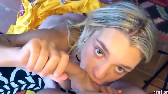 Russian blonde girl sucked the guy and swallowed the sperm at the end