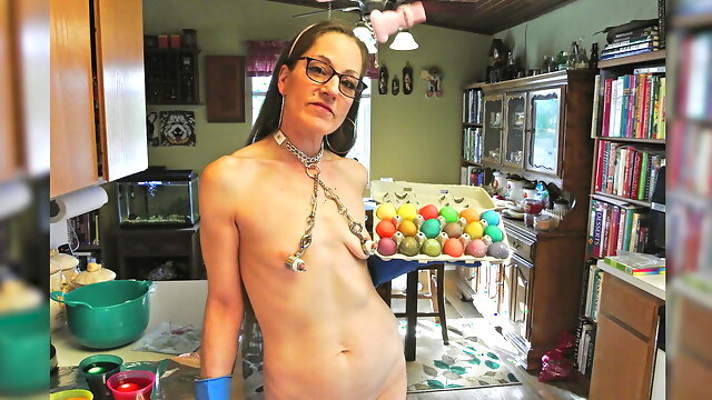 Longpussy, Coloring Eggs with a Bunny Tail and my Tiny Tits chained up.