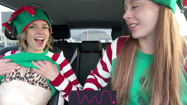 Horny elves cumming in drive thru with lush remote controlled vibrators featuring Nadia Foxx
