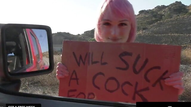 Trans hitchhiker with flat tits Claire Tenebrarum sucks cock for a ride