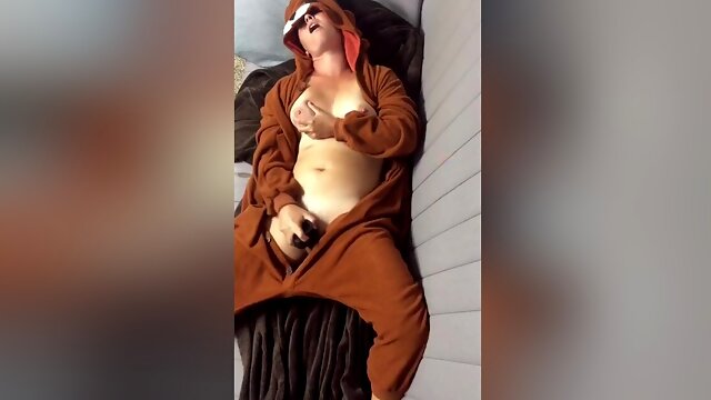 Girl In Bear Onesie Masturbates With Dildo