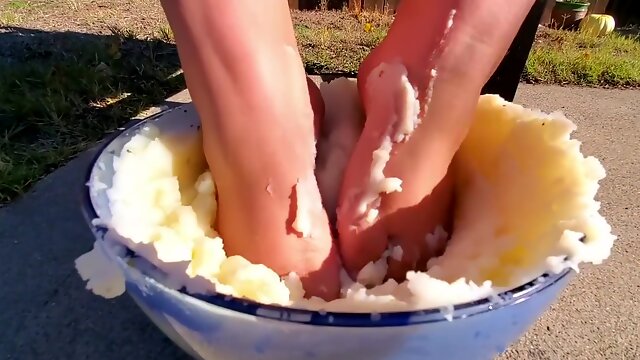 I Couldnt Resist Sticking My Feet Into The Mash Potatoes As Well - Thanksgiving Food Play 2