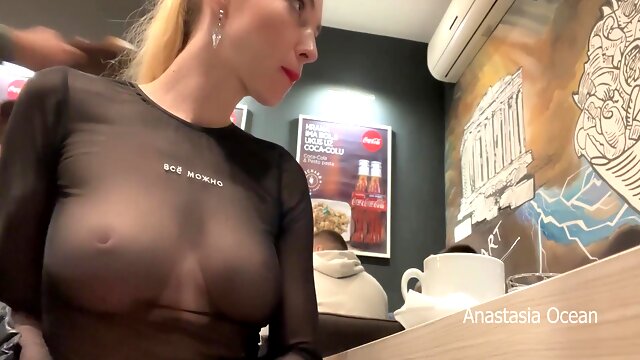 Flashing Her Big Boobs In Transparent Top In Public Cafe. 5 Min