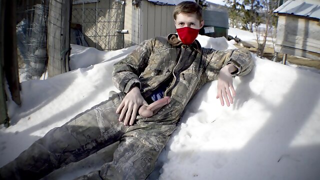Redneck Country Boy Plays With His Cock Outdoors At The Farm And Shoots His Load On The Snow