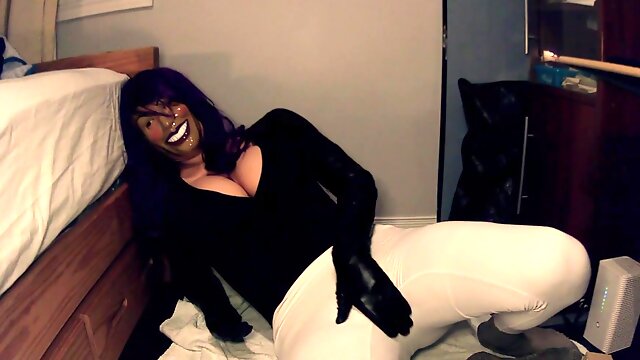 Purple Sheli Pt3! Hooded female groping her love glove vulva under her cock-squeezing white yoga trousers!