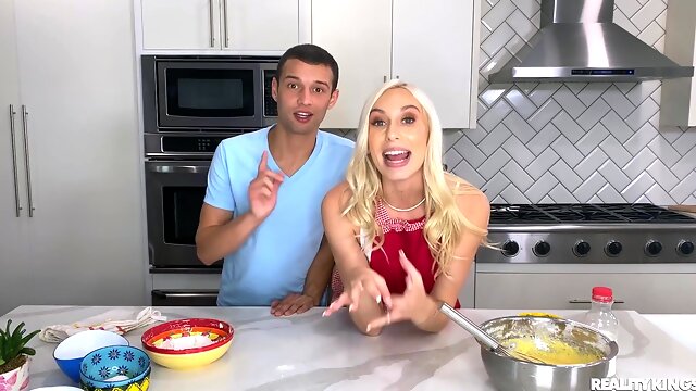 Blonde hottie Kay Lovely pleasures lucky dude in the kitchen