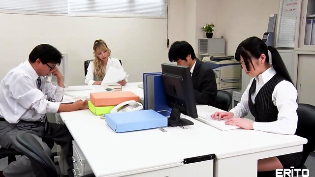 Horny Japanese office babes decide to share cock and relax a little