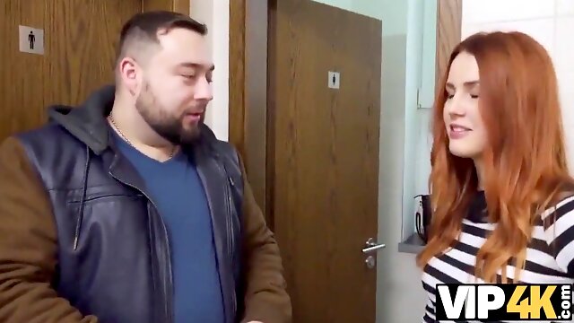 Watch Hunter bangs gorgeous redhead in public restroom while cuckold watches in VIP4K