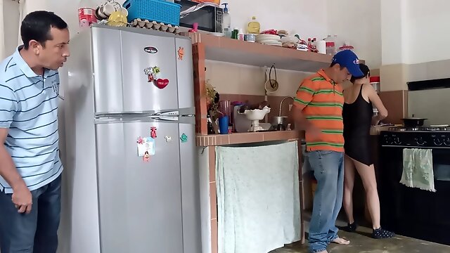 The cuckold looks surprised as his stepdad fucks me hard in the kitchen while I swallow his milk.